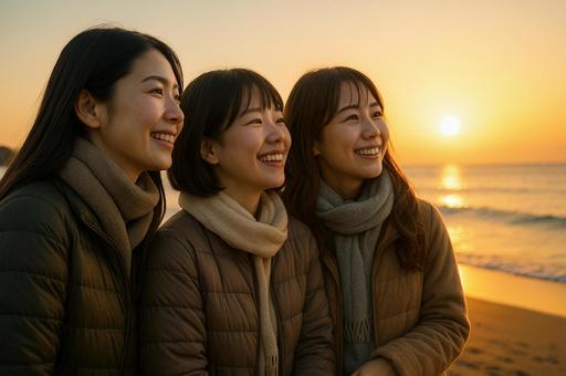 初日の出を見上げる女性３人組の写真