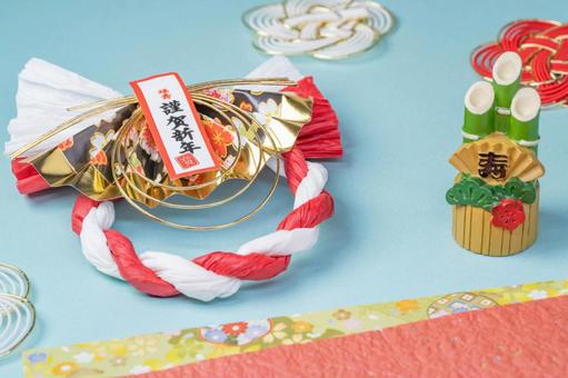 正月飾りと門松の和風お祝いイメージ しめ縄,飾り,正月の写真素材