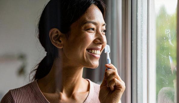 歯磨きする女性 歯磨きする女性の写真