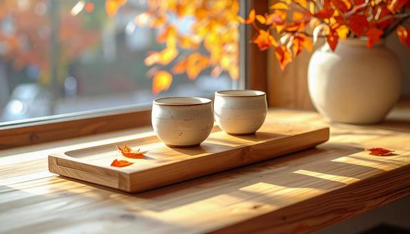 陶器のカップと本のディスプレイ・秋の紅葉 陶器のカップと本のディスプレイ・秋の紅葉の写真