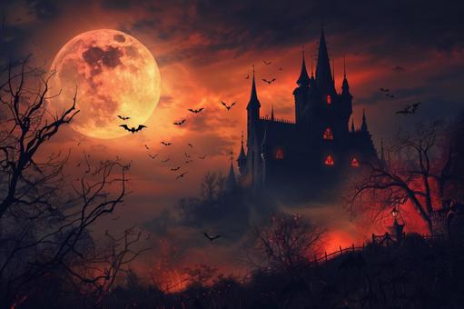 ハロウィンの城と満月のファンタジー風景 ハロウィンの城と満月のファンタジー風景の写真