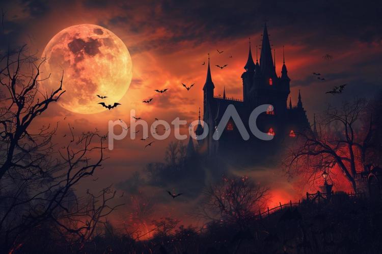 ハロウィンの城と満月のファンタジー風景 ハロウィン,城,満月の写真素材