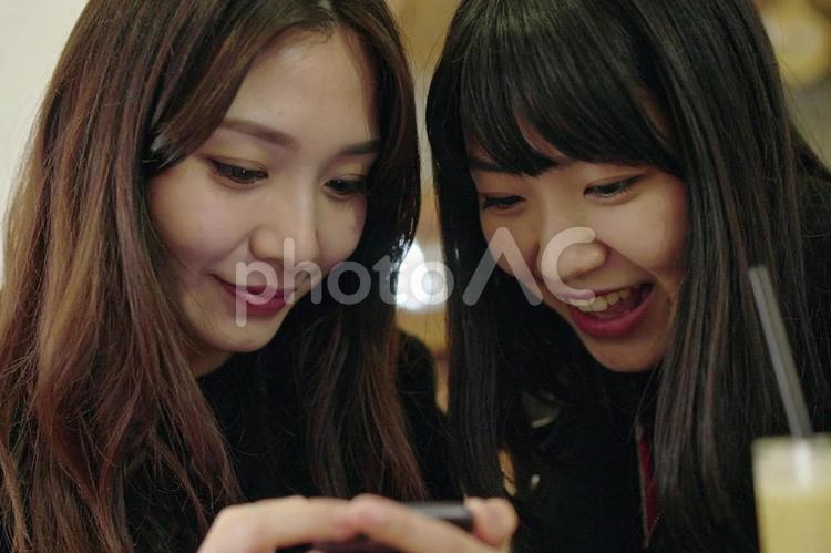 スマホを見ながら会話を楽しむ女子大生 女性,大学生,女子大生の写真素材