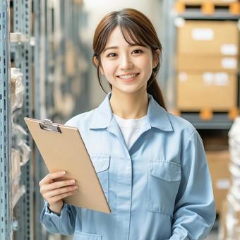 作業着を着た女性 作業着を着た女性の写真