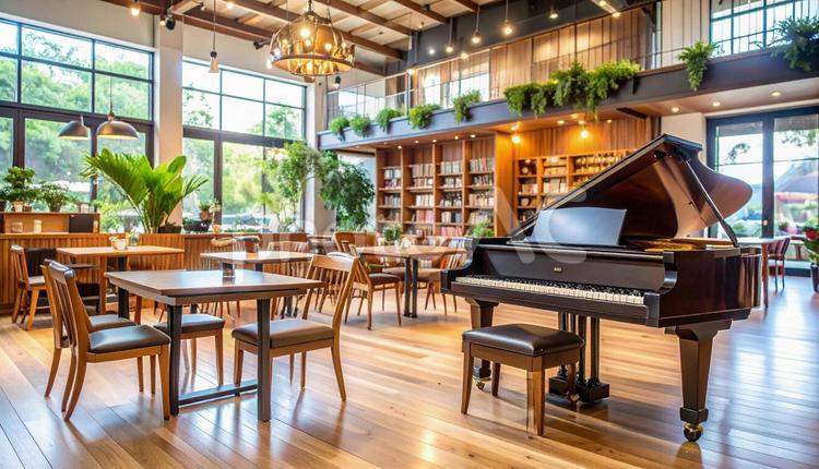 ピアノが置かれたカフェ店内 カフェ,グランドピアノ,いすの写真素材