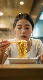 熱々ラーメンを食べる女性の飲食シーン 熱々ラーメンを食べる女性の飲食シーンの写真