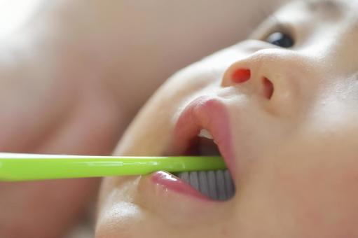 歯ブラシで赤ちゃんの口腔ケアする様子 歯ブラシで赤ちゃんの口腔ケアする様子 歯磨き,歯みがき,口腔ケアの写真素材