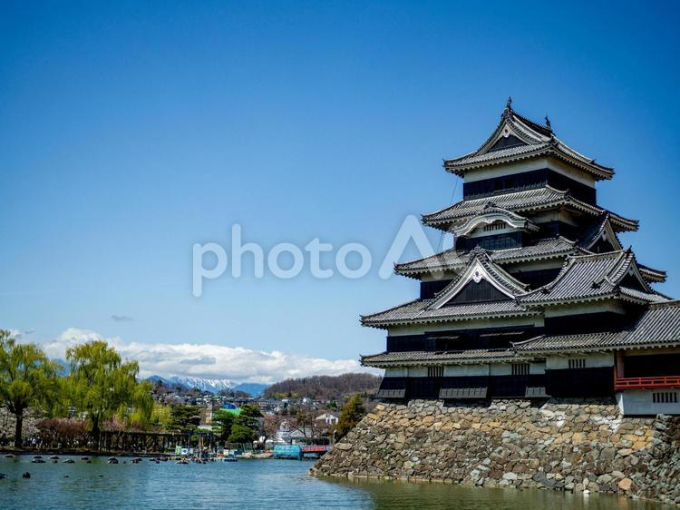 松本城と北アルプス 松本城,松本市,青空の写真素材