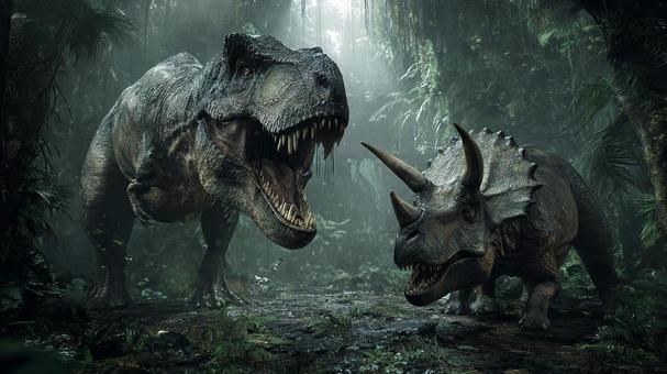 T-Rexと対峙するトリケラトプス T-Rexと対峙するトリケラトプスの写真