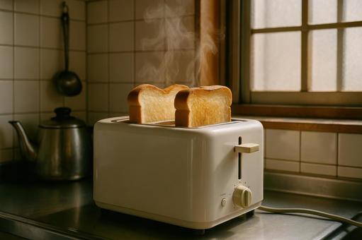 トースターで焼かれる食パン トースターで焼かれる食パンの写真