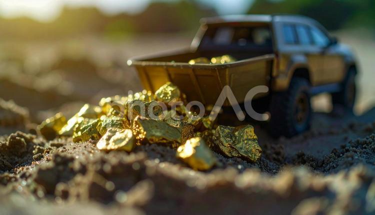 トレジャーハンター　金塊　スコップ 金塊,砂地,金の写真素材
