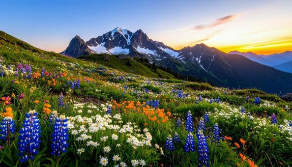 山の斜面に咲き誇る美しい高山の花畑の写真