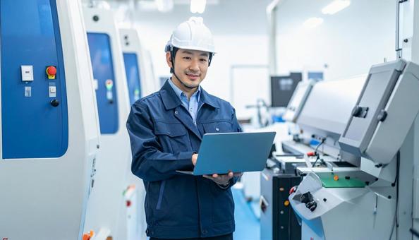 工場の三次元測定機を使う作業服の男性 工場の三次元測定機を使う作業服の男性の写真