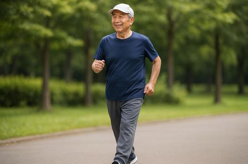 ウォーキングをする高齢男性 ウォーキングをする高齢男性の写真