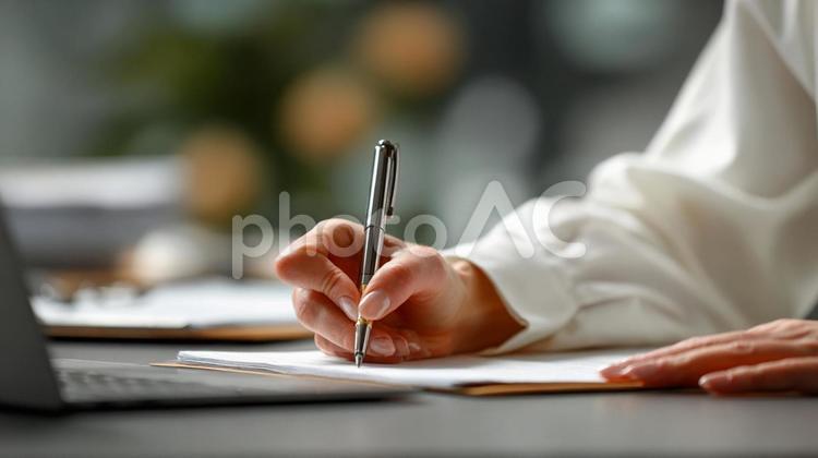 ペンを握り書類に書き込む女性の手元 手,女性,書くの写真素材