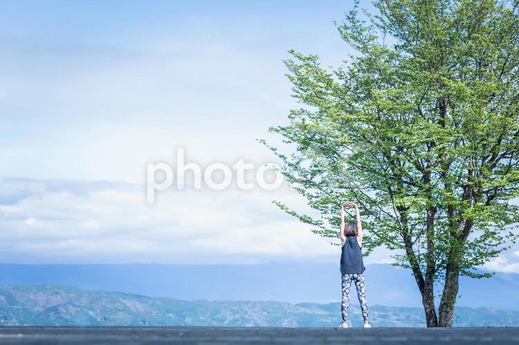 絶景の中にいるスポーツウェアの女性（ストレッチ） ストレッチ,背景,柔軟体操の写真素材