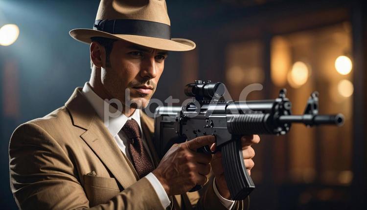 機関銃を持つマフィア マフィア,悪だくみ,男の写真素材