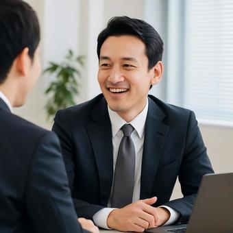 同僚と談笑する中堅社員ビジネスマンの写真