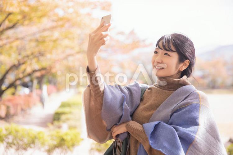 秋の公園でスマホを持って撮影する女性 旅行,スマホ,自撮りの写真素材