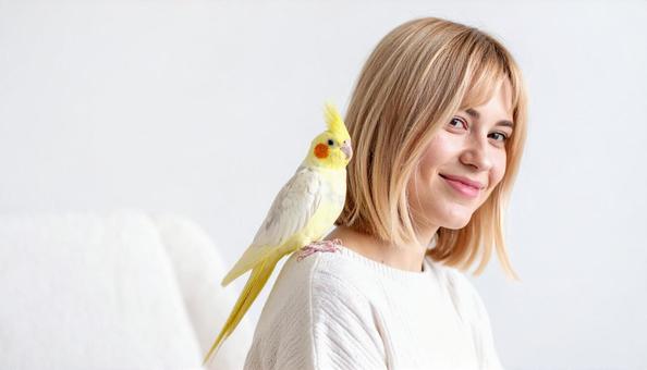 オカメインコと女性 オカメインコと女性の写真