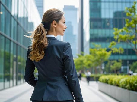 朝にオフィス街を歩く女性の後ろ姿 朝にオフィス街を歩く女性の後ろ姿の写真