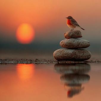夕焼けに佇む積み石の上の小鳥 夕焼けに佇む積み石の上の小鳥の写真