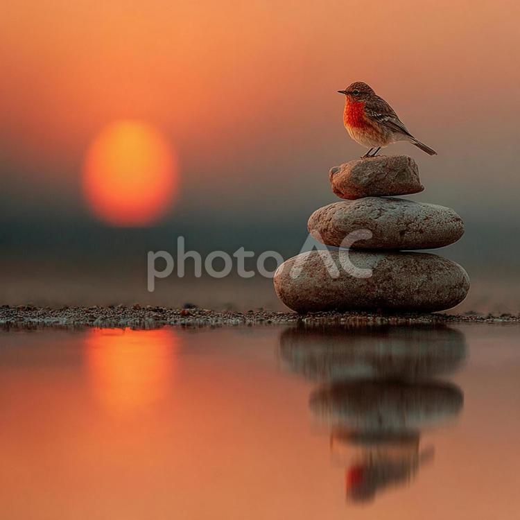 夕焼けに佇む積み石の上の小鳥 鳥,積み石,バランスストーンの写真素材