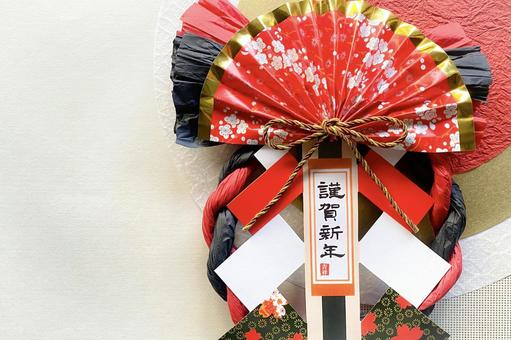 年賀状しめ飾り右寄り お正月,正月飾り,しめ縄飾りの写真素材