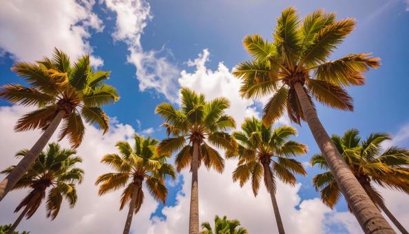 ヤシの木を見上げる　青空背景の写真