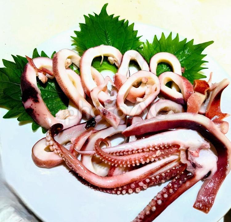 ボイルイカの刺身　大葉を添えて イカ,ボイルイカ,茹でるの写真素材