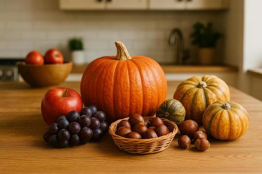 秋の収穫とキッチンの写真