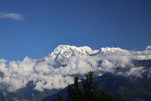 青空と山並みと雲海の上の雪のヒマラヤ山脈 青空,山並み,雲海の写真素材