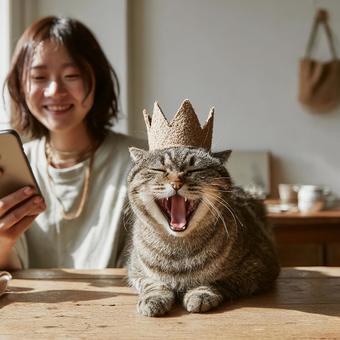 猫と楽しそうに過ごす女性の笑顔の写真