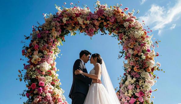 ハート形の花のアーチの前の新郎新婦 ハート形の花のアーチの前の新郎新婦の写真