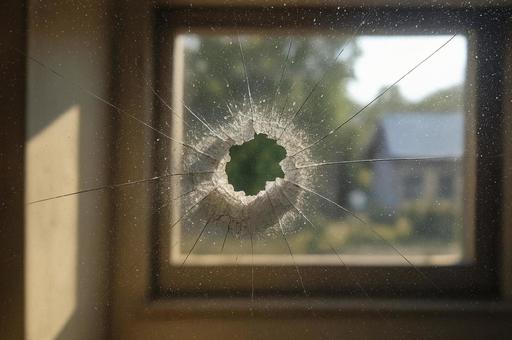 穴が空いた窓ガラスと家 穴が空いた窓ガラスと家の写真