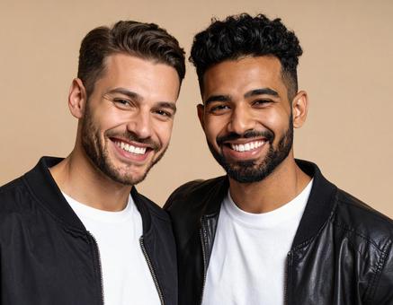 笑顔の2人の男性 笑顔の2人の男性の写真