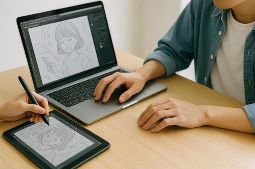 PCとタブレットを使ってイラスト制作する PCとタブレットを使ってイラスト制作するの写真