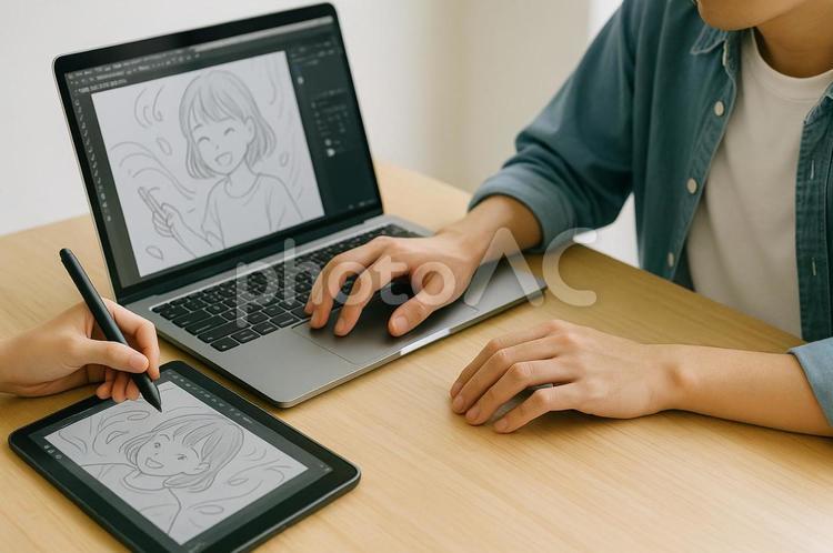 PCとタブレットを使ってイラスト制作する ビジネス,パソコン,学習の写真素材