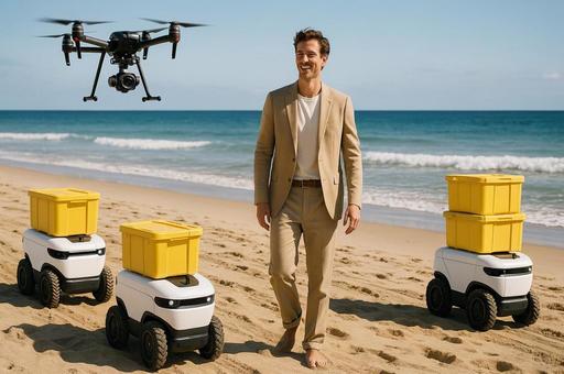砂浜を行くドローンとロボット 砂浜を行くドローンとロボットの写真