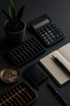 黒机とそろばんの静物の写真