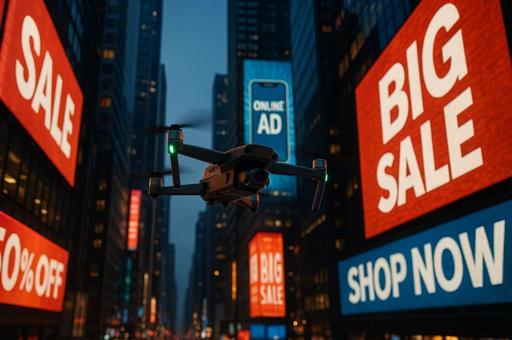 ドローンが飛ぶSALE広告の街の写真
