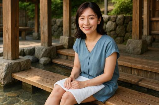 足湯を楽しむ女性旅行者 足湯を楽しむ女性旅行者の写真