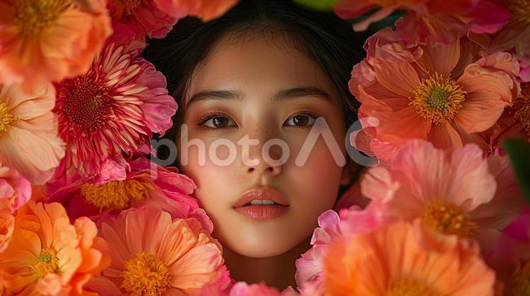 花と女性のポートレート 花,女性,ポートレートの写真素材