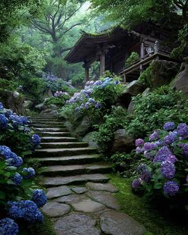 歴史を感じる石段と、咲き乱れるアジサイの写真