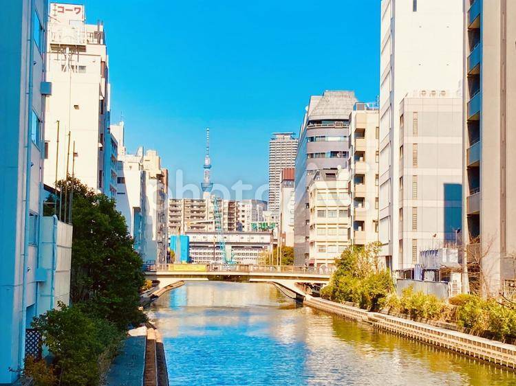 亀島川とスカイツリーとビル群の絶景 青空,空,ブルースカイの写真素材