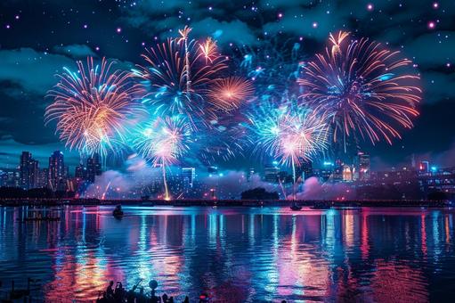 夏の夜を彩る都会の花火大会 夏の夜を彩る都会の花火大会の写真