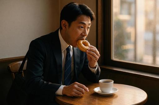 出勤前にドーナツを食べる男性 出勤前にドーナツを食べる男性の写真