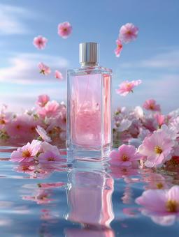 ピンクの花びらが舞う、水面に映る高級香水 ピンクの花びらが舞う、水面に映る高級香水の写真