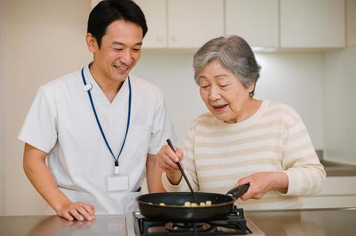 料理療法をする女性と作業療法士 料理療法をする女性と作業療法士の写真