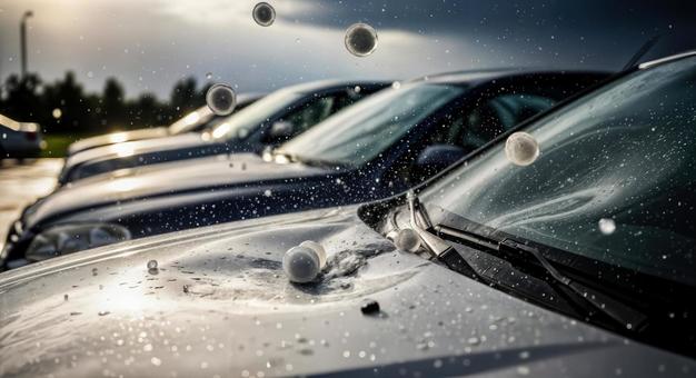 雹が車のボンネットに落下し、へこみ。 雹が車のボンネットに落下し、へこみ。の写真